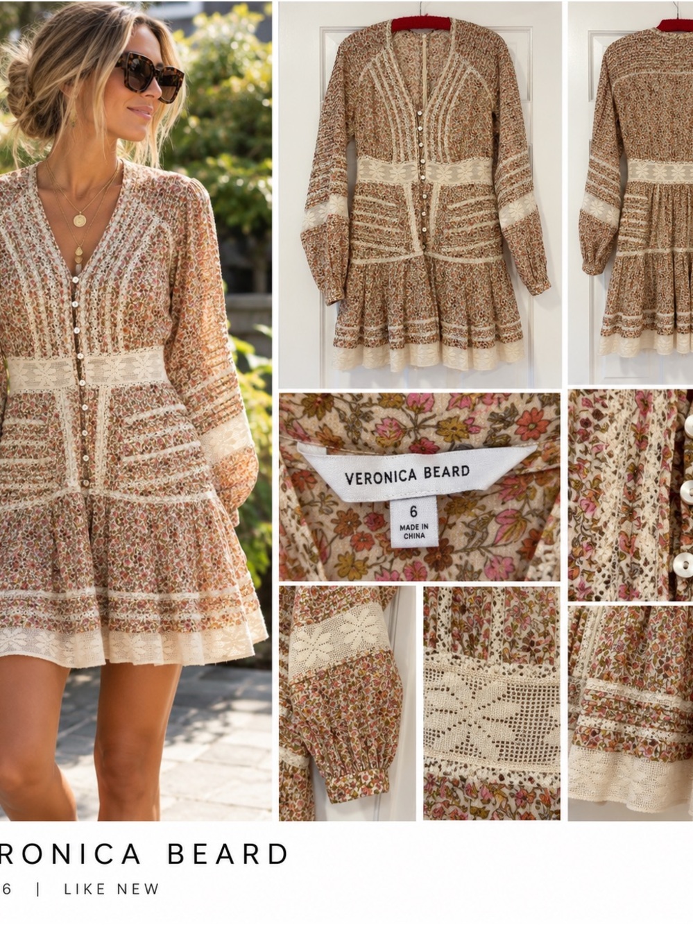 Veronica Beard Cream and Brown Floral Lace-Trim Mini Dress
